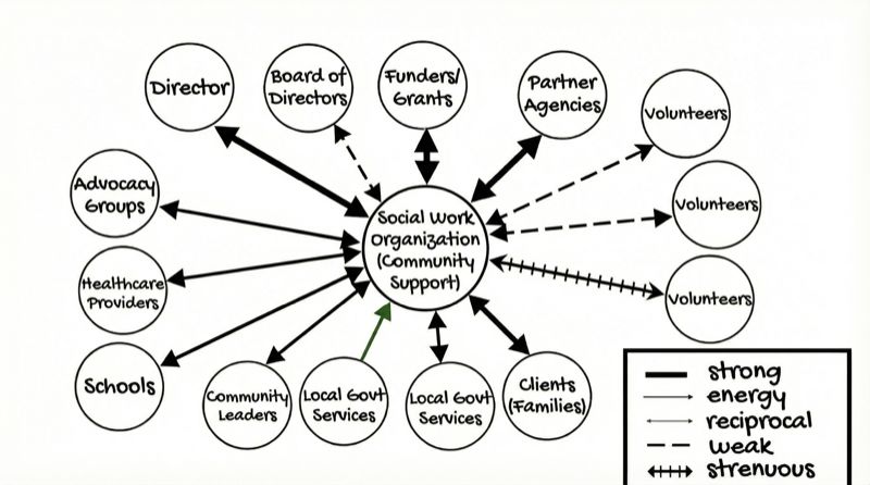 Different line styles represent the nature of each connection — from strong and supportive to stressful and draining.