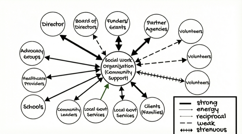 Different line styles represent the nature of each connection — from strong and supportive to stressful and draining.