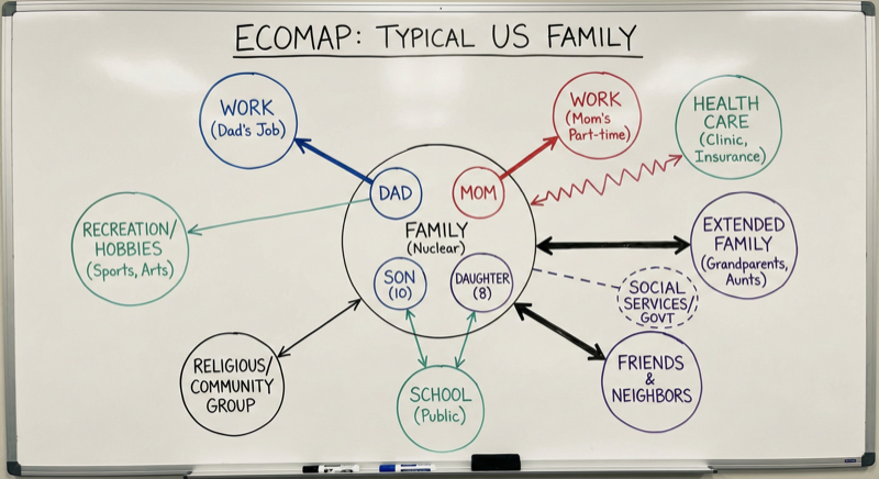 A completed ecomap reveals at a glance where support is strong, where stress is concentrated, and where gaps suggest intervention opportunities.