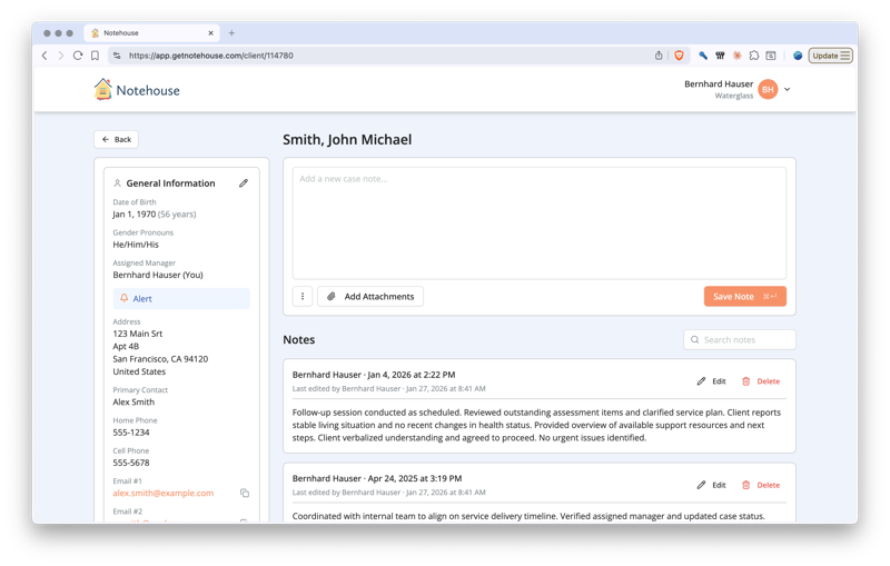Structured case notes with a chronological timeline let you see a client's full history at a glance.